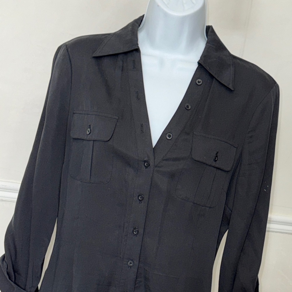 Bebe Black Lyocell Button Front Utility Romper‎ Long Sleeve Smocked Waist S